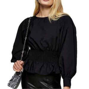 Topshop Solid Black Smocked Waist Long
Sleeve Top